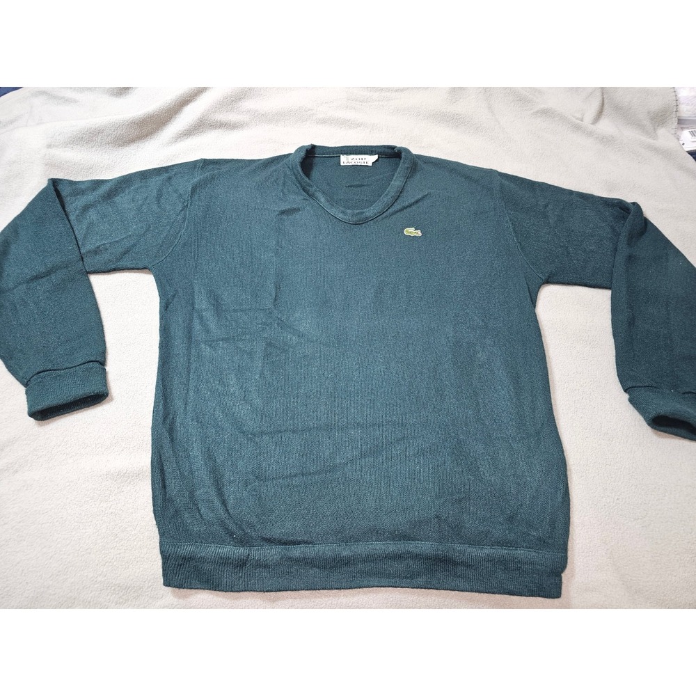 Vintage Izod Lacoste Mens V-Neck Sweater Hunter Green Crocodile Logo Large